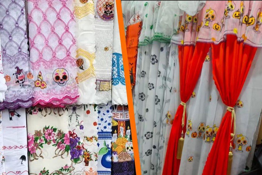 Cortinas económicas con diseños de Día de Muertos en el centro de CDMX