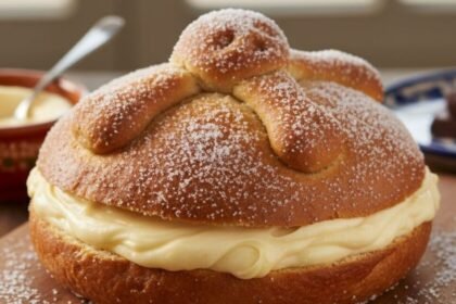 Pan de muerto relleno de crema con siete ingredientes, ideal para acompañar el café