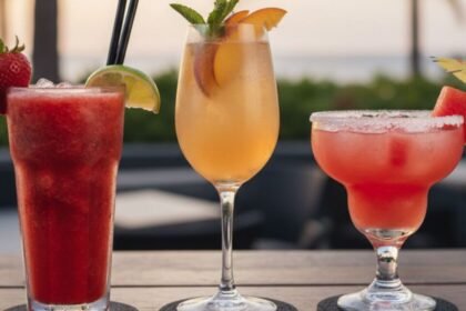 Tres bebidas refrescantes con fresa, durazno y sandía para el verano