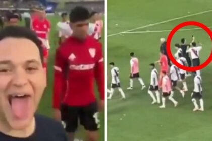 jugador de river plate intenta quitar el telefono a aficionado