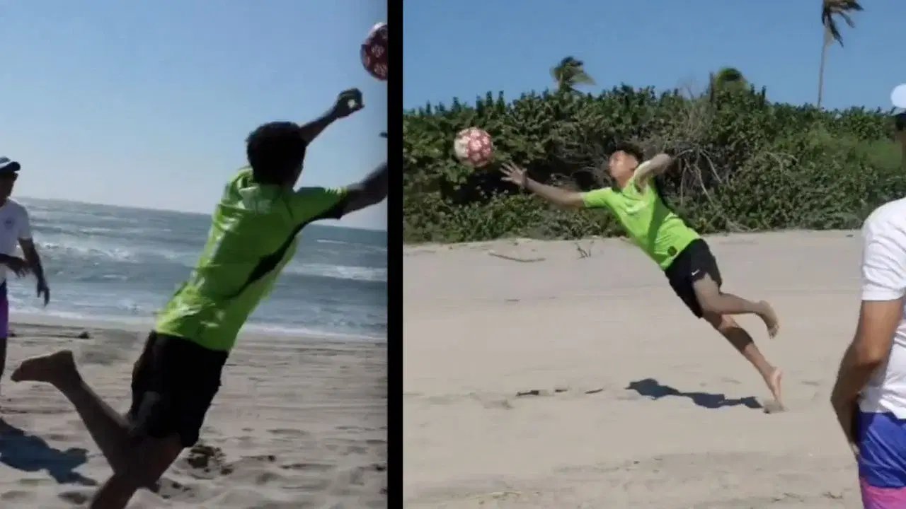 Jorge Campos entrena a su hijo en playas de Acapulco