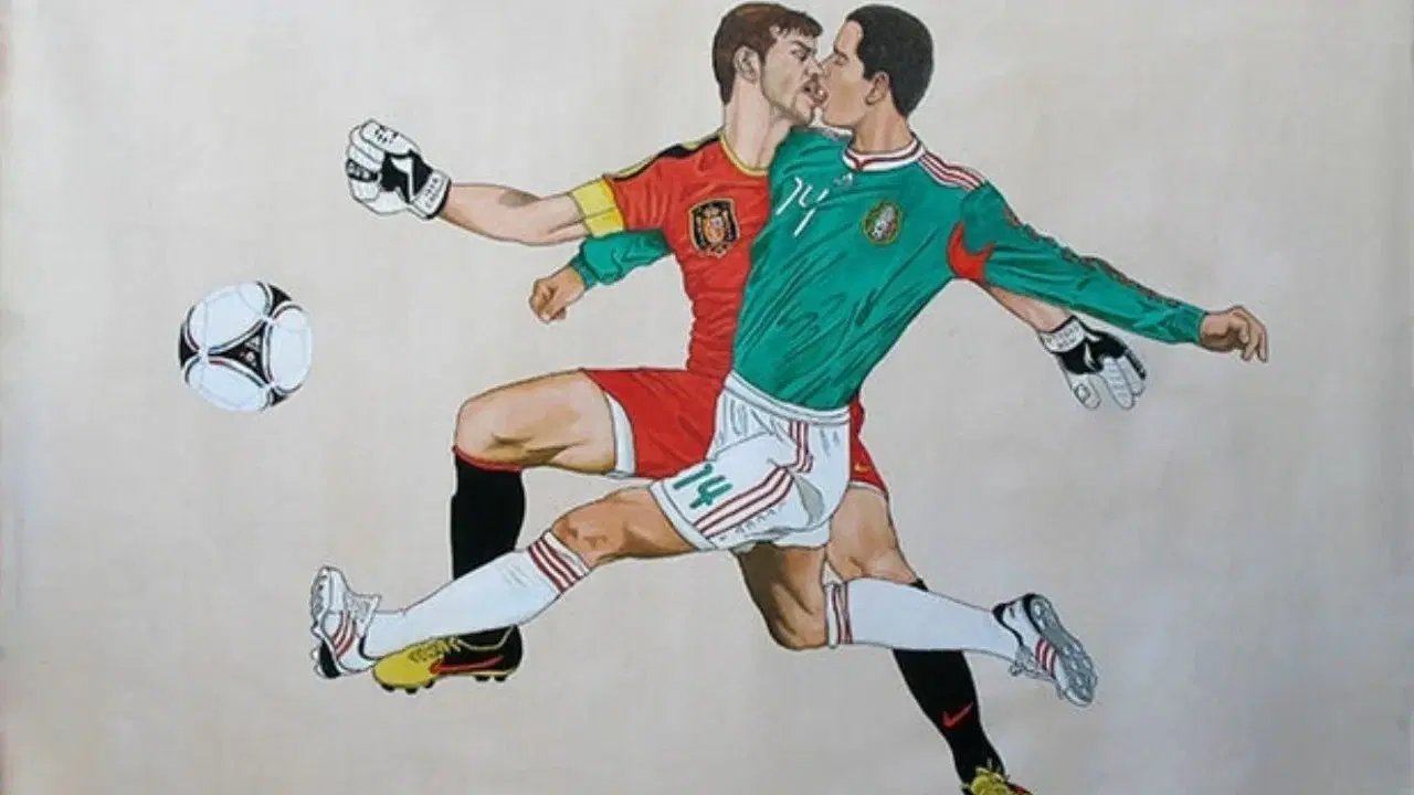 Mural 'México vs España' muestra a Chicharito Hernández besando a Iker Casillas