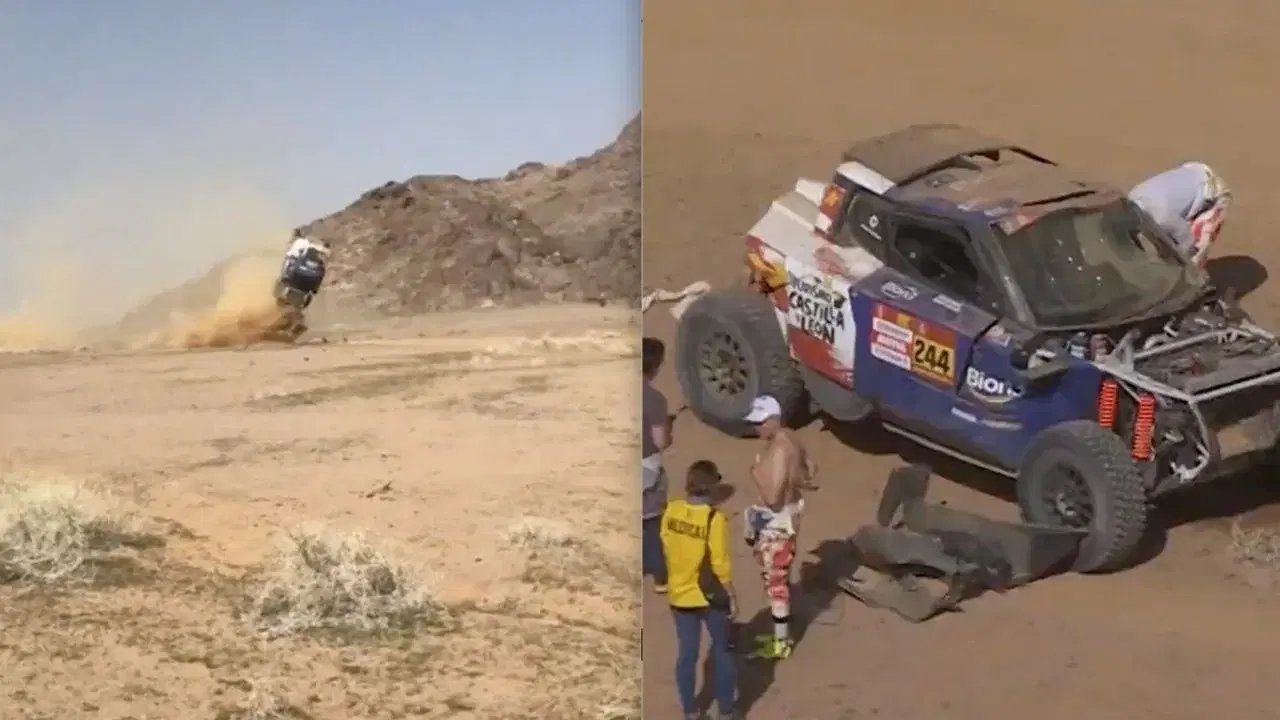 Dakar: coche sale volando y vuelca; pilotos ilesos