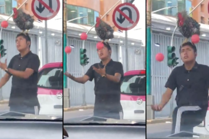 Hombre hace malabares con gallo en la cabeza y se vuelve viral
