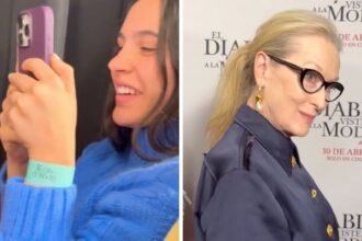 Meryl Streep reacciona a fan con suéter azul en alfombra roja CDMX