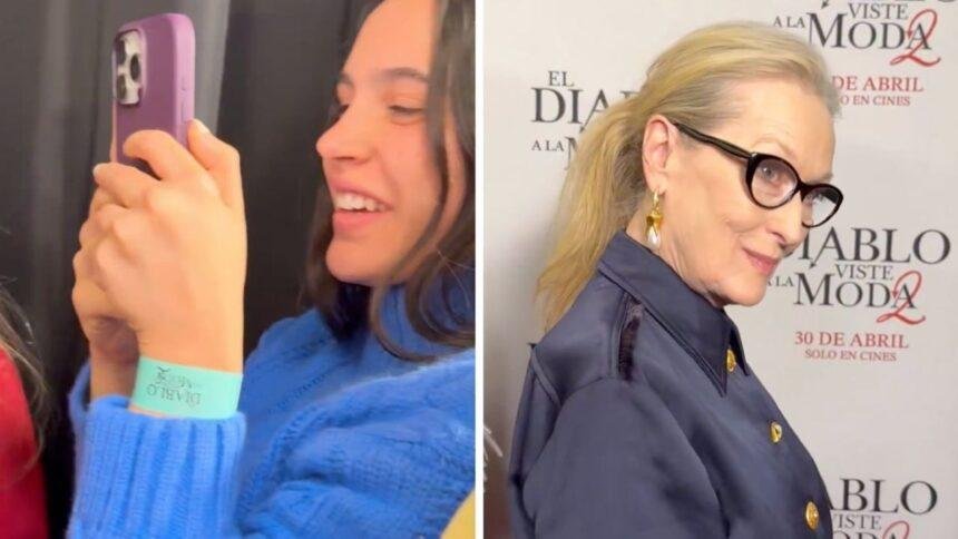 Meryl Streep reacciona a fan con suéter azul en alfombra roja CDMX