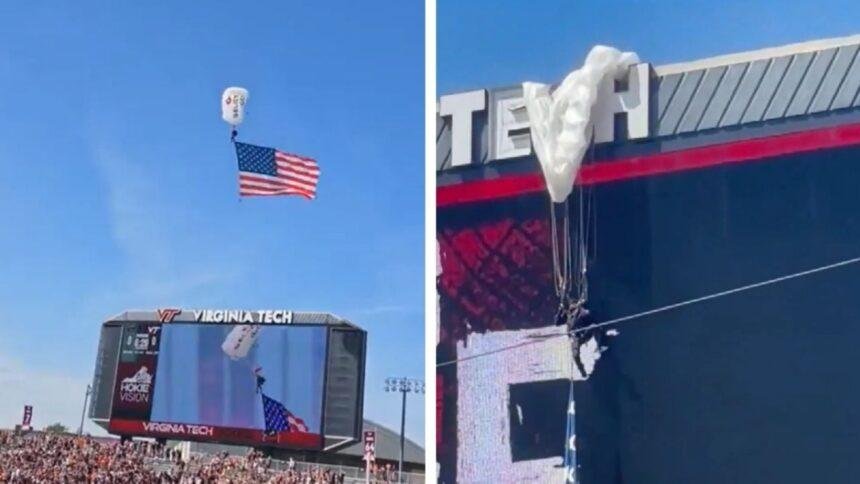 Paracaidista queda colgando de pantalla gigante en partido de fútbol americano