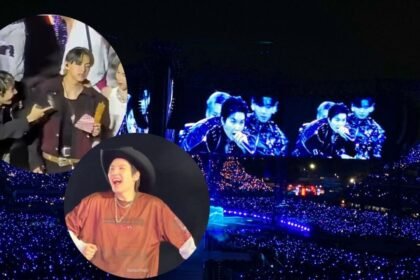 V comiendo una banderilla y Suga sonriente en concierto de BTS México
