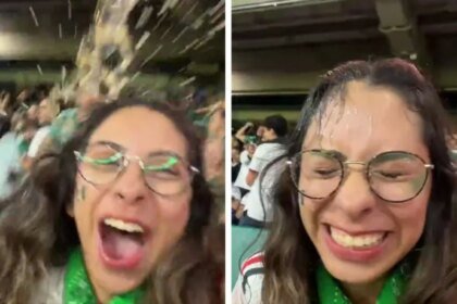 Aficionada celebra gol y denuncia bañada en cerveza en México vs Chequia
