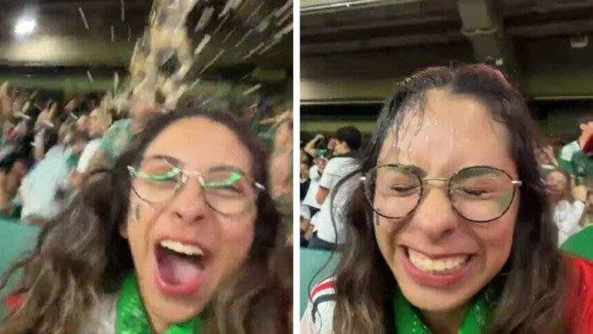 Aficionada celebra gol y denuncia bañada en cerveza en México vs Chequia