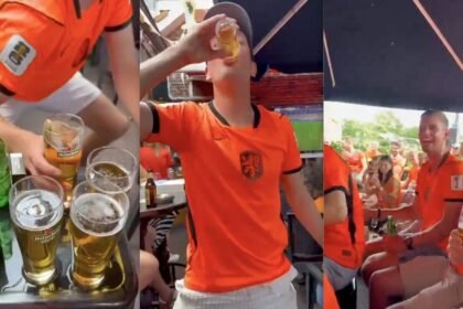 Aficionado de Países Bajos bebe cuatro cervezas en un minuto durante el Mundial