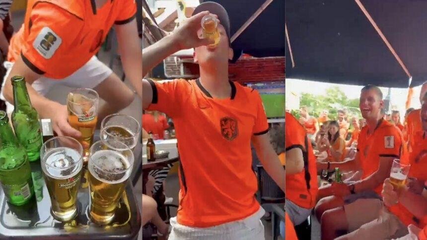 Aficionado de Países Bajos bebe cuatro cervezas en un minuto durante el Mundial