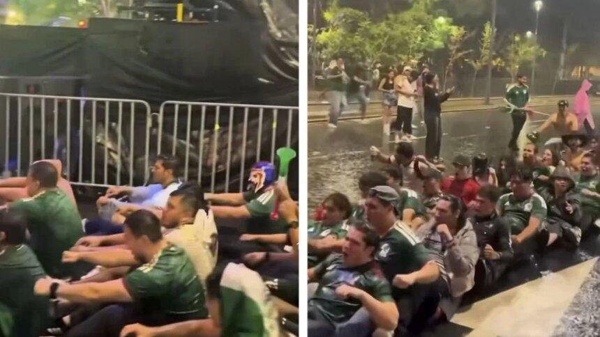 Aficionados mexicanos disfrutan la lluvia con el ‘remo vikingo’ en el Ángel