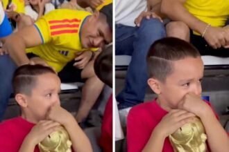 Colombianos consuelan a un niño en el Azteca tras la derrota