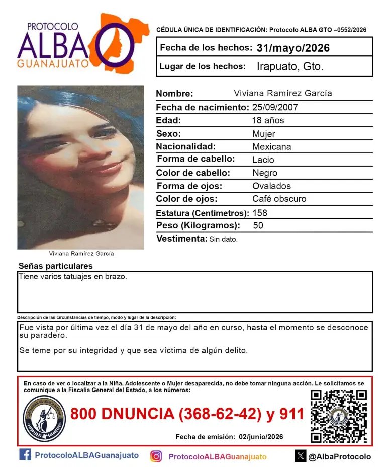Urgente búsqueda de Viviana Ramírez García tras su desaparición en Irapuato
