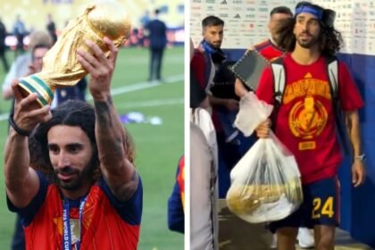 marc cucurella recibe criticas por llevar el trofeo del mundial Marc Cucurella recibe críticas por llevar el trofeo del Mundial en bolsa de plástico
