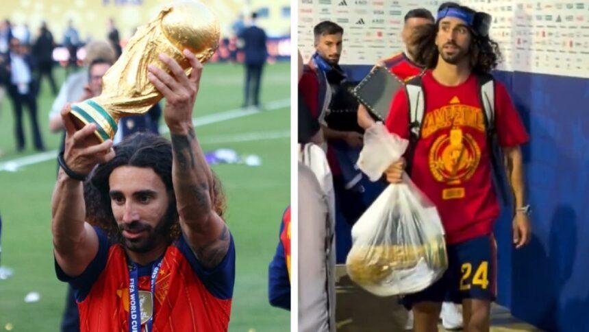 marc cucurella recibe criticas por llevar el trofeo del mundial Marc Cucurella recibe críticas por llevar el trofeo del Mundial en bolsa de plástico