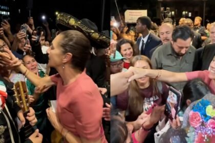 Sheinbaum aterriza en Nueva York acompañada de mariachis y flores
