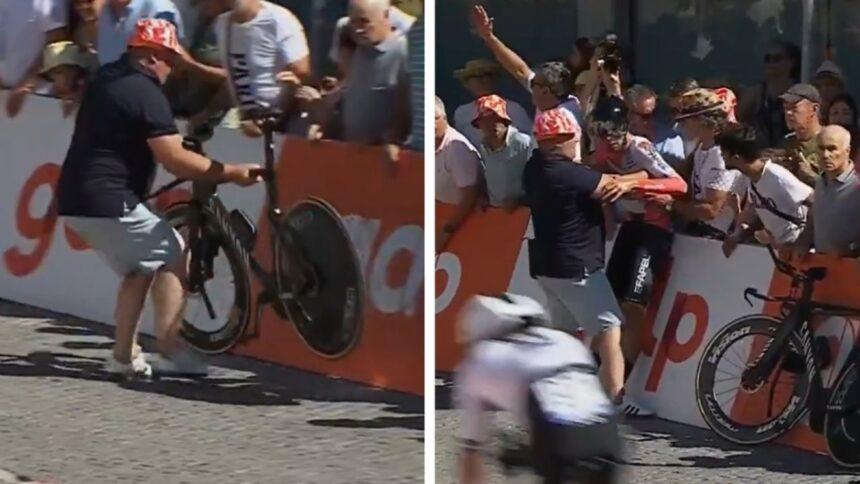 Ciclista cae a 50 metros de la meta, aficionado lo ayuda