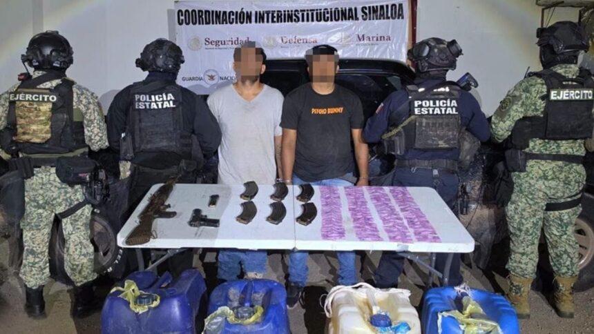Detienen en Sinaloa a dos hombres; les decomisan armas, drogas y combustible