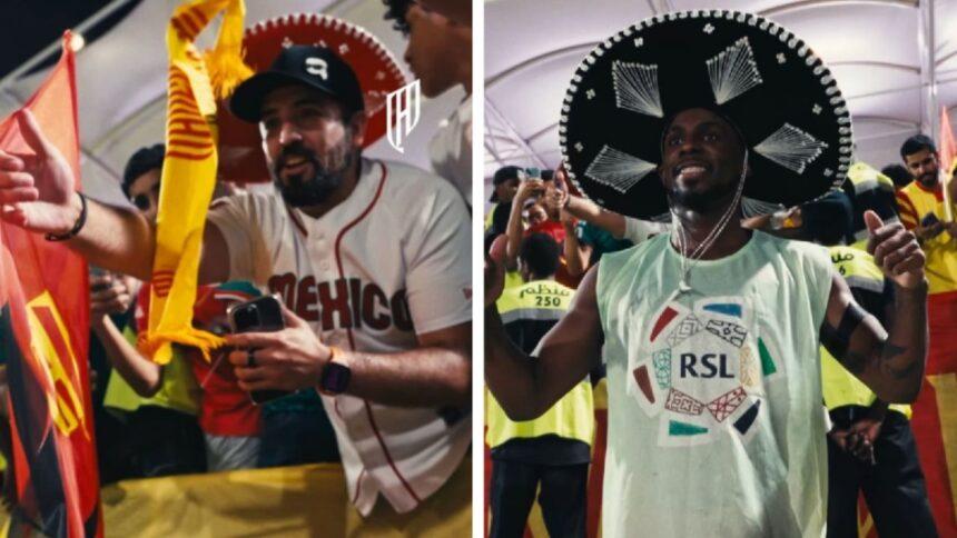 Julián Quiñones anota en Liga Arabia y fan mexicano regala sombrero mariachi