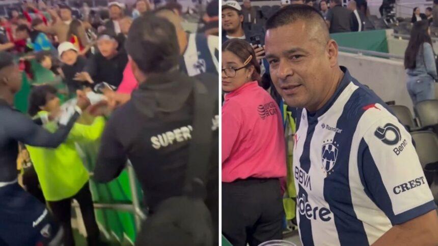 Charcopa evita que fan de Rayados arrebate playera a un niño
