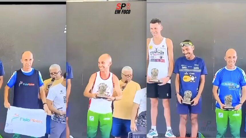 Corredor consigue múltiples patrocinadores y posa en el podio con 11 camisetas