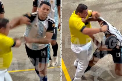 Futbolista expulsado agrede al árbitro, quien lo derriba y somete a golpes