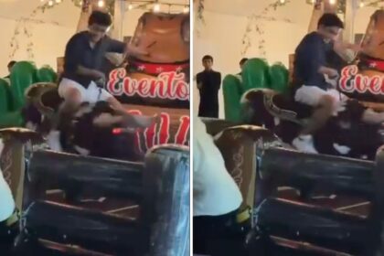 Gil Mora demuestra sus habilidades como jinete en un toro mecánico