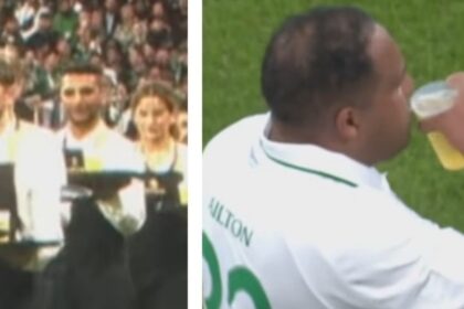 Leyendas del Werder Bremen y Real Madrid, cerveza en pausa de hidratación
