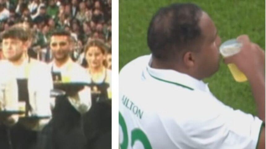 Leyendas del Werder Bremen y Real Madrid, cerveza en pausa de hidratación