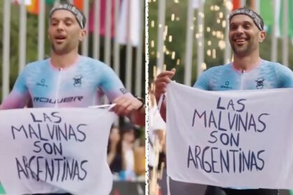 Triatleta muestra manta «Las Malvinas son Argentinas» al llegar a la meta