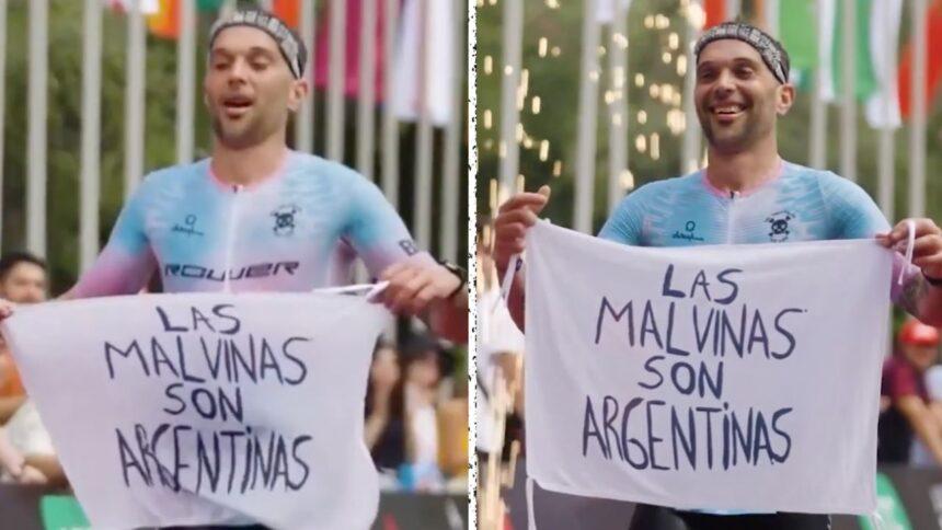 Triatleta muestra manta «Las Malvinas son Argentinas» al llegar a la meta